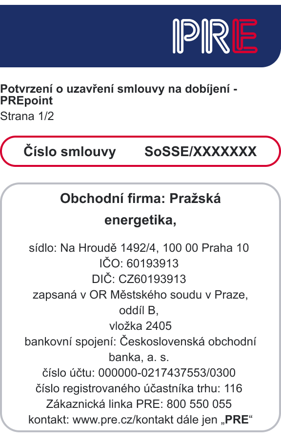 Potvrzení o uzavření smlouvy na dobíjení PREpoint s vyznačeným číslem smlouvy