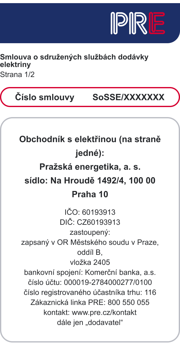 Smlouva o sdružených službách dodávky elektřiny s vyznačeným číslem smlouvy