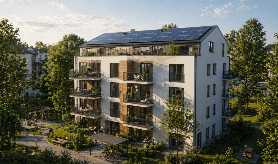 Fotovoltaické panely na střeše bytového domu
