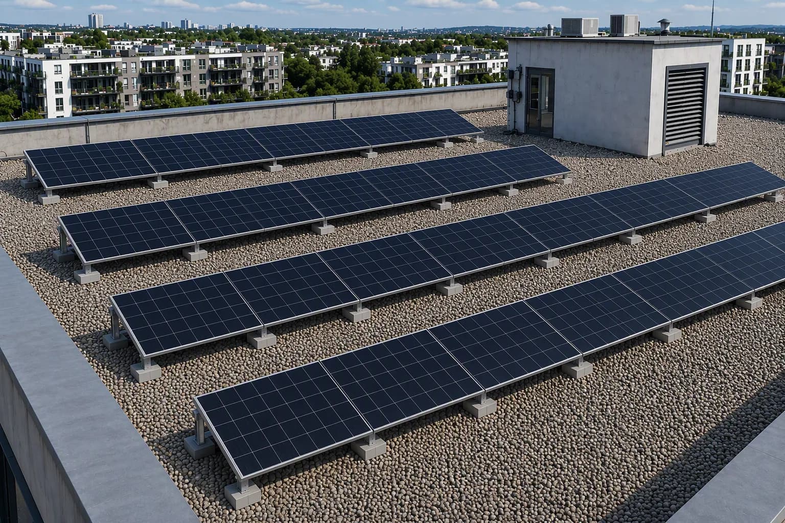 Fotovoltaické panely na střeše bytového domu